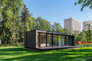 Obraz premium a modern, small house made from black wood and concrete. It has one floor with large windows on the side, surrounded by a green grass lawn.