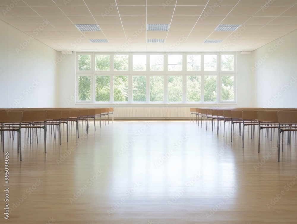 Poster Empty Classroom with Rows of Chairs and Sunlit Windows - Educational and Minimalist Stock