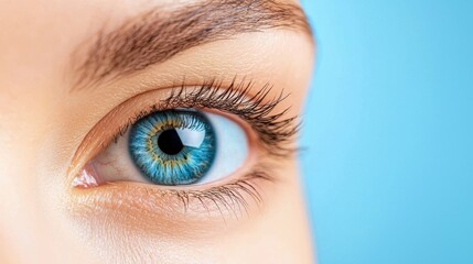 Fototapeta premium Close-up portrait of a human eye with striking blue iris and long eyelashes against a soft blue background, highlighting unique characteristics and beauty of the eye.