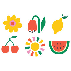 Vector set of cute naive hand drawn summer design elements in bright rainbow colors for children's design