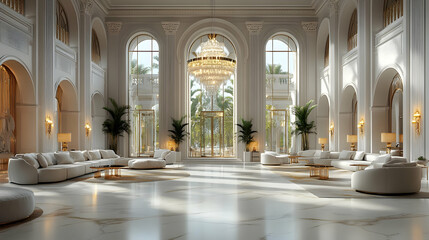 Obraz premium Elegant Grand Foyer Interior Design with White Marble Floor and Gold Accents