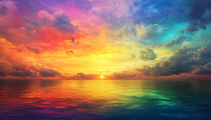 Obraz premium A dreamy sky transitioning from a golden sunset to a full spectrum of rainbow colors, giving off a vibrant yet calming feel