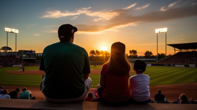 A family enjoys watching a baseball game during a picturesque sunset, creating a bonding moment under the stadium lights.