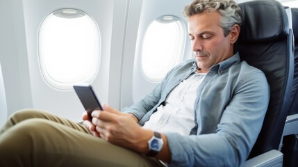 Fototapeta premium A middle-aged man relaxes in a comfortable airplane seat while attentively reading a book, bathed in soft natural light from the windows.