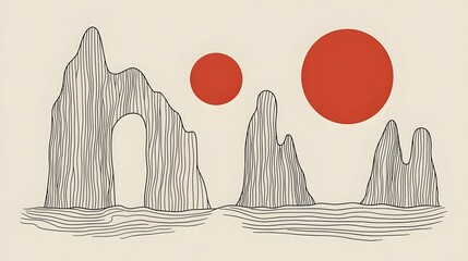 Fototapeta premium Minimalist Line Art Mountain Landscape with Sun Illustration