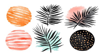 Watercolor Tropical Leaves  Stripes  Dots  and Abstract Shapes