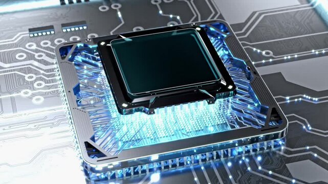 CPU connection with motherboard. Microchip connecting on PCB. Can be used in background elements related to technology. Empty top microchip for inserting text or letters.3D Render.