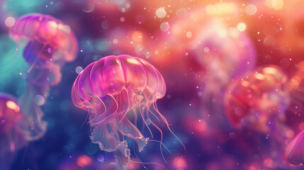 Obraz premium Graceful jellyfish floating in a dreamy underwater scene with glowing lights and vibrant colors
