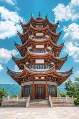 Fototapeta premium A grand, ancient Chinese wooden pagoda towering against a bright blue sky with scattered white clouds