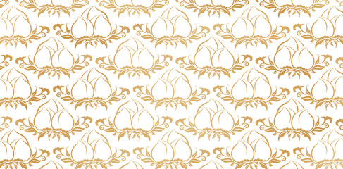 Seamless pattern peach fruit floral designs golden colors isolated white backgrounds for Elegant luxury texture wallpapers, backgrounds and page fill, surface textures, books cover, fabrics printing