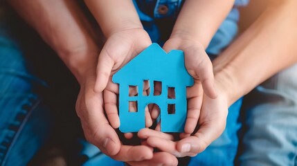 Family hands holding smooth blue house-shaped paper in hands together, close up