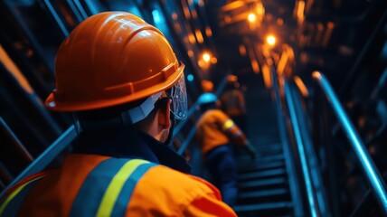 Industrial workers in safety gear ascending stairs at a factory, illuminated by warm lights, reflecting a high-tech industrial environment.