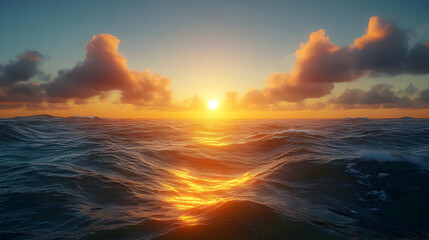 Obraz premium Ocean Sunset with Golden Clouds and Waves