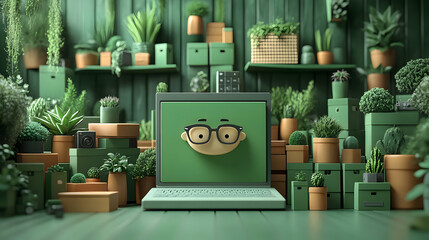 Laptop with Smiley Face & Glasses in a Green Room with Plants