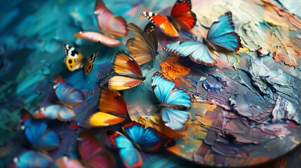Fototapeta premium Colorful butterflies resting on a textured abstract background with paint strokes
