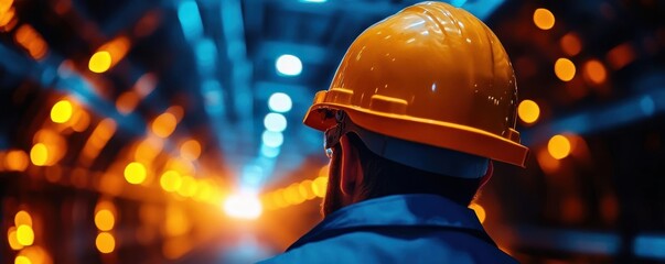Worker wearing a hard hat in a brightly lit industrial tunnel, showcasing strong lighting contrasts and vivid colors, representing industrial safety.