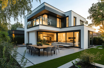 Fototapeta premium Modern house with a terrace and dining area, large windows, garden view, evening lighting, white walls, black wood details, green trees, gray furniture