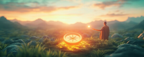 A mystical scene featuring a figure with a glowing compass in a serene landscape, illuminated by a vibrant sunset.