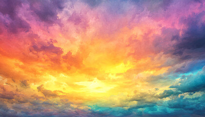 Obraz premium A dreamy sky transitioning from a golden sunset to a full spectrum of rainbow colors, giving off a vibrant yet calming feel