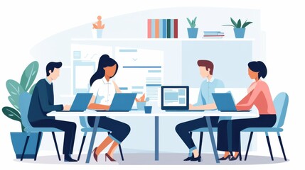 Four colleagues are deeply engaged in a collaborative meeting, sitting around a table with laptops and documents, discussing work in a contemporary office environment.