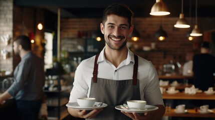 Smiling male waiter carrying coffee cups on a tray, radiating hospitality and warmth in a cozy café setting.