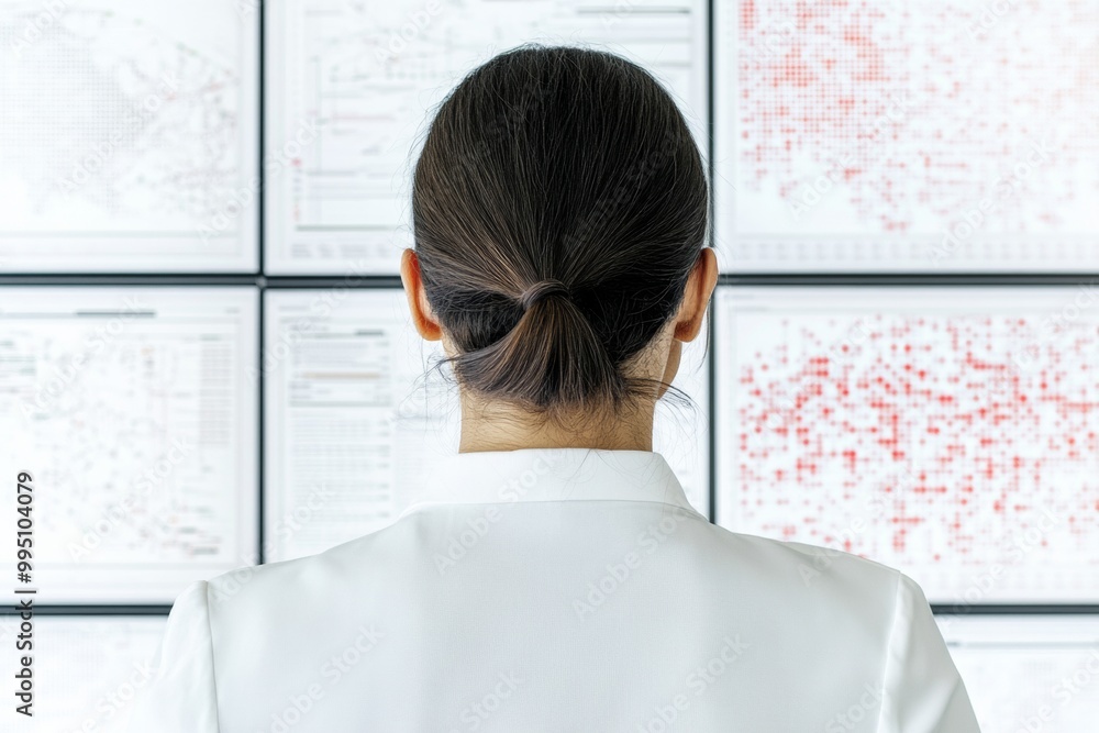 Aufkleber Health Tech Professional Analyzing Data on Multiple Screens in Modern Office Environment