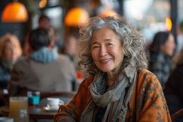 Obraz premium A woman with gray hair is smiling at the camera in a restaurant
