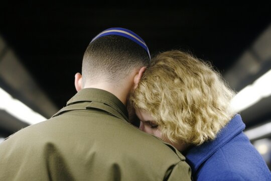 Tender Farewell Soldier and Partner Embrace at Train Station - Intimate Candid Moment, Military Romance