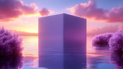 Purple Cube Floating on Water with Pink Sunset