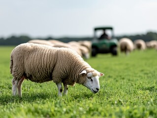 Obraz premium A grazing sheep on a green pasture, with a tractor in the background, showcasing rural life and farming.