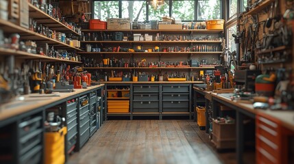 Organized workshop filled with various tools and equipment.