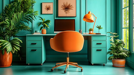 Modern Home Office with Teal Walls and Orange Chair