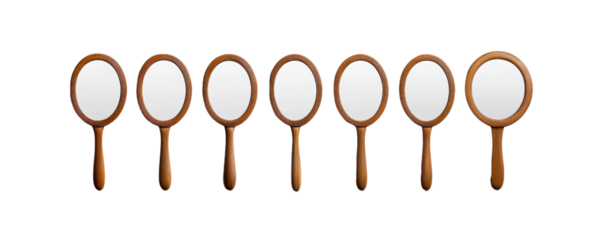 A collection of vintage hand mirrors arranged in a row, showcasing their elegant wooden handles and reflective surfaces.