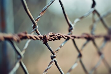 Rusty twisted metal wire of an old fence with blurred background in natural light during the day