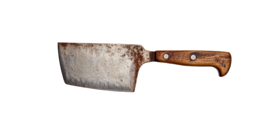 A rustic kitchen cleaver with a wooden handle, showcasing its worn metal blade, ideal for culinary-themed projects.