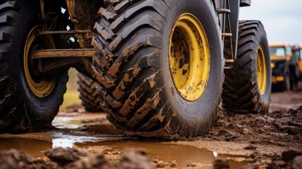 Close-up of heavy-duty machinery tires with thick treads, covered in mud on a construction site, highlighting durability and strength.