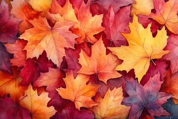 Watercolor Painting of Crisp Autumn Leaves in Red, Orange, and Yellow