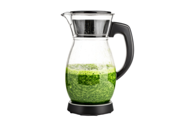 A stylish glass pitcher filled with vibrant green sauce, perfect for culinary creations and fresh ingredients.