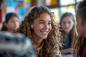 A girl with curly hair is smiling at the camera
