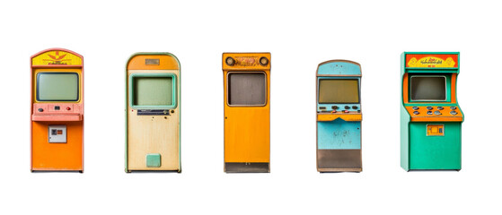 A vibrant collection of vintage arcade machines showcasing colorful designs and nostalgic appeal.