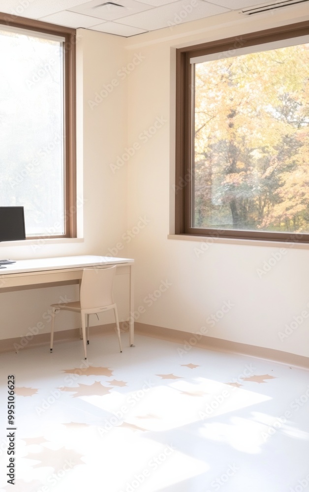 Poster modern medical lab with autumn foliage background through windows