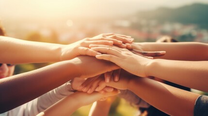 A circle of united hands, radiating warmth and camaraderie, represents the diverse and collaborative spirit of a multiethnic group coming together under the bright sunlight.