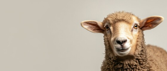 Obraz premium A close up of a curious sheep gazing directly at the camera against a neutral background in a bright indoor setting