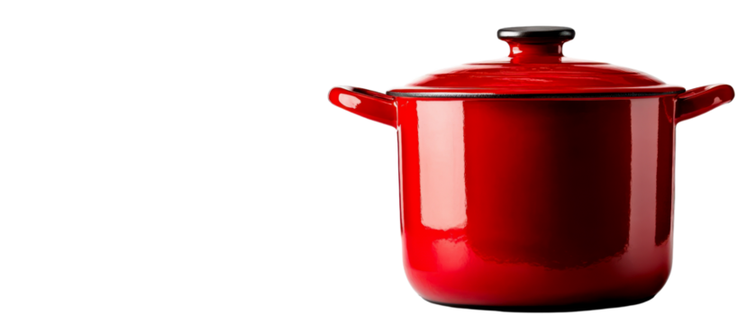 A vibrant red cooking pot, perfect for stews and soups, showcasing a classic design that enhances kitchen aesthetics.