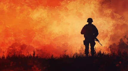 Fototapeta premium Silhouette of Soldier Against Fiery Sunset Sky in a Field