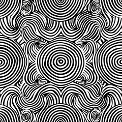 Seamless geometric pattern concentric circles and spiral patterns rendered in a minimalist black and white style for a sleek background