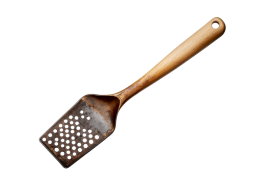 A vintage wooden spatula with a perforated surface, perfect for flipping and lifting food with ease in the kitchen.