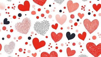 Obraz premium A vibrant geometric pattern features red and pink hearts adorned with circles, perfect for a romantic backdrop.