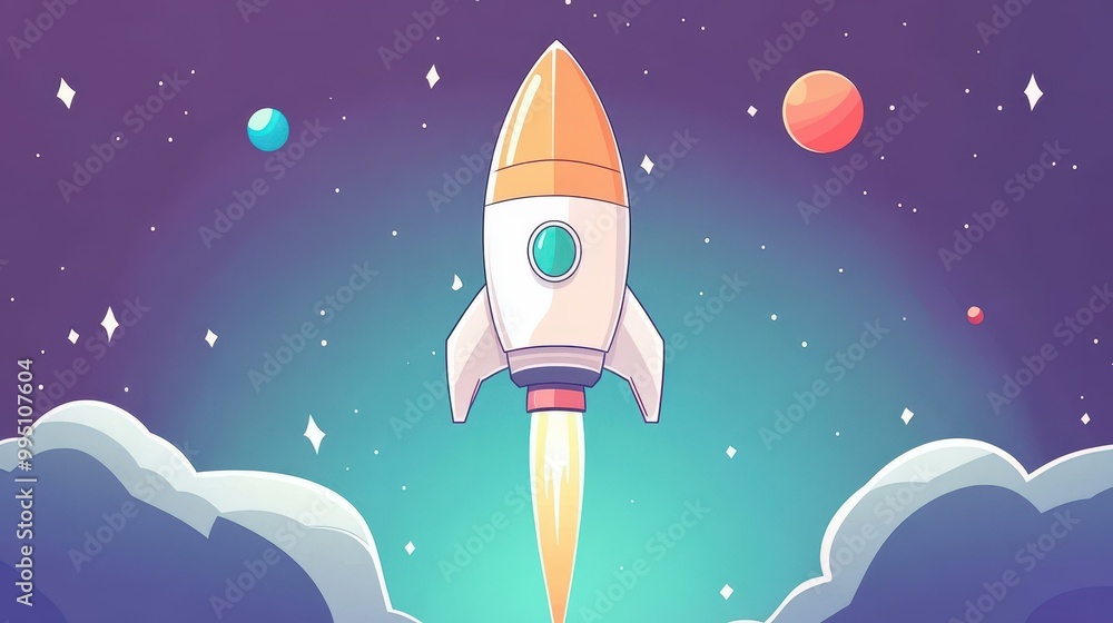 Poster A sleek spaceship glides through a starry expanse, featuring a clean, minimalist design and playful cartoon textures.