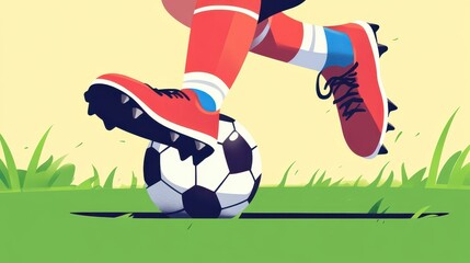 A vibrant closeup of a soccer players foot connecting with the ball, showcasing detailed cleats and textured grass backdrop.